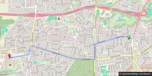 The same route as above, but drawn on a detailed map of Munich.